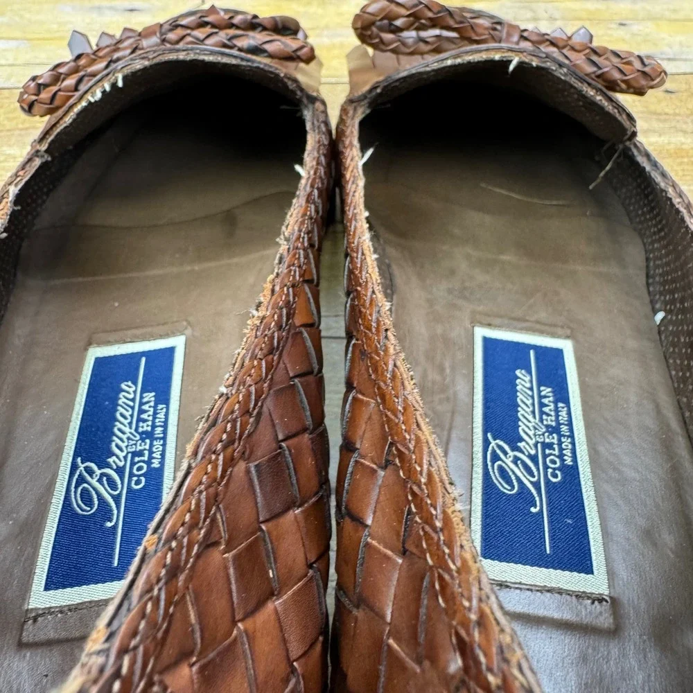 Vintage Bragano Cole Haan Men 10 Woven Leather Kiltie Tassel Loafer Brown Italy